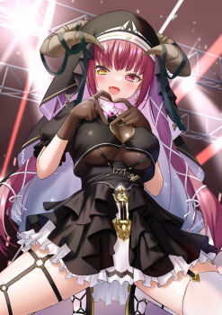 1girl :d absurdres black_coif black_gloves black_shirt black_shoes black_skirt breasts cleavage_cutout clothing_cutout commentary_request fang faubynet four-finger_heart_hands gloves guimpe heart heart_cutout heart_hands heterochromia high-waist_skirt highres hololive horn_ornament horn_ribbon horns houshou_marine houshou_marine_(ahoy!!_you&#039;re_all_pirates) kneeling large_breasts layered_skirt long_hair looking_at_viewer miniskirt nun o-ring o-ring_garter_belt o-ring_thigh_strap official_alternate_costume official_alternate_hairstyle open_mouth puffy_short_sleeves puffy_sleeves red_eyes red_hair revision ribbon shirt shoes short_sleeves skin_fang skin_tight skirt smile solo thigh_strap thighhighs twintails underbust virtual_youtuber white_skirt white_thighhighs yellow_eyes