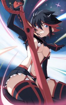 1girl absurdres blue_eyes breasts commentary highres hitempo holding holding_weapon kamui_(kill_la_kill) kill_la_kill life_fiber living_clothes matoi_ryuuko multicolored_hair scissor_blade_(kill_la_kill) senketsu short_hair skirt solo suspenders teeth two-tone_hair weapon