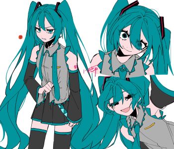 1girl absurdres angry angry_face_emoji aqua_eyes aqua_hair aqua_necktie aqua_trim bare_shoulders black_eyes black_skirt black_sleeves black_thighhighs blush clenched_hand clenched_teeth collared_shirt commentary crazy_eyes detached_sleeves dilated_pupils eiku emoji empty_eyes eyes_visible_through_hair flat_color floating_hair grey_shirt hair_between_eyes hair_intakes hand_up hatsune_miku head_tilt highres long_hair long_sleeves multiple_views name_tag necktie number_tattoo pleated_skirt reaching reaching_towards_viewer sanpaku shirt sidelocks signature skirt sleeveless sleeveless_shirt sleeves_past_wrists smile solid_circle_pupils solo symbol-only_commentary tattoo teeth thighhighs undone_necktie v-shaped_eyebrows very_long_hair vocaloid white_background wide-eyed zettai_ryouiki