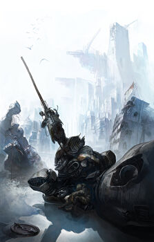 1boy 1girl androgynous bad_end bird blonde_hair boots building can cannon city cityscape damaged defeat depressed drink_can epic female_focus good_end head_down highres jacket juice jumpsuit kashipen mecha military military_uniform original pilot realistic robot ruins sad science_fiction sitting soda_can solo survivor tired