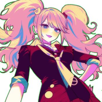 1girl :d arm_at_side bear_hair_ornament big_hair black_necktie black_shirt blonde_hair blue_eyes blush bow bra bra_peek breasts choker cleavage collared_shirt danganronpa:_trigger_happy_havoc danganronpa_(series) enoshima_junko eyelashes fingernails from_below green_outline hair_ornament hand_on_own_hip lace lace-trimmed_bra lace_trim long_fingernails long_hair looking_at_viewer loose_necktie medium_breasts necktie open_mouth outline pale_skin pleated_skirt red_bow red_skirt ringed_eyes shirt shirt_bow simple_background skirt sleeve_cuffs sleeves_rolled_up smile so_seo solo swept_bangs twintails two-tone_necktie underwear upper_body wavy_hair white_background white_necktie