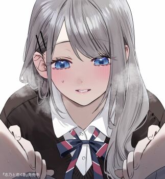 2girls blue_eyes blush bow bowtie breasts chigusa_minori collared_shirt commentary_request diagonal-striped_clothes diagonal-striped_necktie dress_shirt female_pov grey_hair grey_skirt hair_ornament jacket large_breasts long_hair long_sleeves multiple_girls nail_polish necktie nervous_sweating open_mouth plaid_bow plaid_bowtie plaid_clothes pov saotome_shino_(shino_to_ren) school_uniform shino_to_ren shirayuki_ren shirt sidelocks skirt striped_clothes sweat sweatdrop white_shirt yuri
