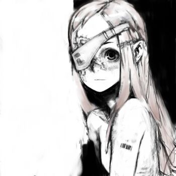 1girl barcode barcode_tattoo blonde_hair blush breasts closed_mouth commentary_request eyepatch greyscale long_hair looking_at_viewer monochrome nude one_eye_covered original pon_(tab_rasa) scar scar_on_face short_bangs shoulder_tattoo simple_background small_breasts solo spot_color swept_bangs tattoo two-tone_background upper_body
