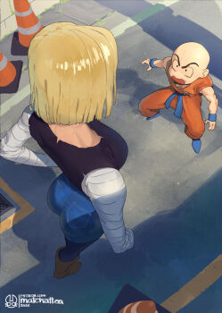 1boy 1girl android_18 ass bald biceps blonde_hair boots brown_boots denim dougi dragon_ball dragonball_z facial_mark forehead_mark from_behind highres jeans kuririn matchattea orange_dougi pants short_hair short_male standing