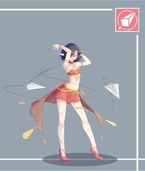 1girl armlet belt_pouch black_hair blue_eyes choker crop_top full_body grey_background hair_over_one_eye highres jewelry kearful miniskirt original pointy_ears potion pouch red_choker red_skirt ring short_hair simple_background skirt string triangle vial weapon_request