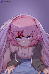 Rule 34 | 1girl, absurdres, black jacket, collarbone, commentary, doki doki literature club, drawstring, english commentary, girl on top, hair ornament, hair ribbon, hairclip, heart, heart-shaped pupils, heart necklace, highres, indoors, jacket, jewelry, long sleeves, looking at viewer, natsuki (doki doki literature club), necklace, off shoulder, parted lips, penis, pink eyes, pink hair, pov, raion (raionart), red ribbon, ribbon, short hair, short shorts, shorts, sleeves past wrists, small penis, solo focus, straddling, swept bangs, symbol-shaped pupils, two side up, under covers