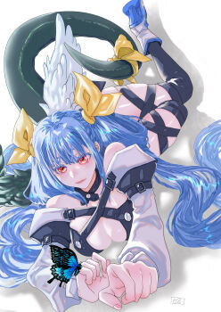 1girl absurdres angel_wings ankle_boots bare_shoulders blue_butterfly blue_hair boots bow breasts bug butterfly butterfly_on_hand cleavage closed_mouth commentary_request dizzy_(guilty_gear) feathered_wings full_body guilty_gear guilty_gear_xrd hair_between_eyes hair_ribbon hair_rings highres insect light_smile long_hair long_sidelocks long_sleeves lying off_shoulder on_stomach puffy_long_sleeves puffy_sleeves red_eyes revealing_clothes ribbon sidelocks signature simple_background solo tail tail_bow tail_ornament tail_ribbon torokkotoo white_background white_boots wings yellow_ribbon