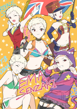 1girl :d absurdres alice's_adventures_in_wonderland animal_ear_hood armpits bare_shoulders bikini black_choker black_gloves black_shorts black_skirt blonde_hair blush breasts character_name cheshire_cat_(alice_in_wonderland) cheshire_cat_(alice_in_wonderland)_(cosplay) choker cleavage closed_eyes closed_mouth collared_jacket collared_shirt commentary_request cosplay e-no-ki earrings elbow_gloves english_text fake_animal_ears fake_tail flag gloves green_bikini highres holding holding_flag holding_microphone holding_microphone_stand hood hood_up hoodie idolmaster idolmaster_cinderella_girls jacket jewelry microphone microphone_stand midriff multiple_views navel necktie one_eye_closed open_mouth pixie_cut red_eyes red_jacket senzaki_ema shirt short_hair short_shorts shorts skirt sleeveless sleeveless_jacket smile star_(symbol) star_symbol_background striped_clothes striped_hoodie swimsuit tail thighhighs union_jack very_short_hair white_gloves white_shirt yellow_necktie zettai_ryouiki