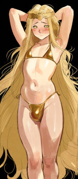 1boy absurdres armpits arms_behind_head arms_up bikini blonde_hair blush bulge circlet crossdressing crossdressing_(mtf) elden_ring gold_bikini gold_circlet highres kirani long_hair miquella_(elden_ring) solo standing swimsuit trap very_long_hair yellow_eyes