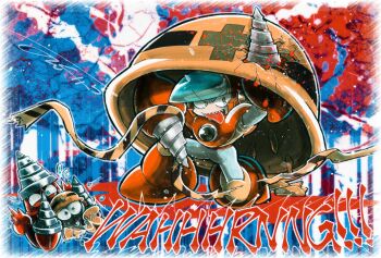 2boys commentary crash_man drill_man english_commentary green_eyes hard_hat helmet highres kneeling looking_at_viewer male_focus mega_man_(classic) mega_man_(series) mega_man_2 mega_man_4 met_(mega_man) multiple_boys nongura robot sharp_teeth teeth tongue tongue_out