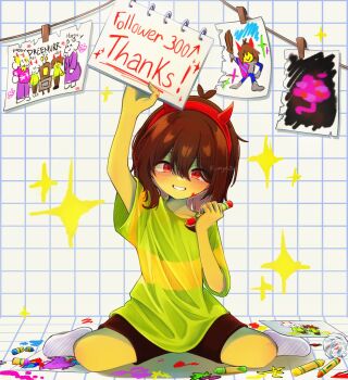 1other :d ankle_socks antenna_hair arm_up arrow_(symbol) asgore_dreemurr asriel_dreemurr brown_hair brown_shoes child's_drawing colored_skin commentary crayon crumpled_paper deltarune double-parted_bangs english_commentary fake_horns full_body green_shirt grin hair_between_eyes hairband hand_up highres holding holding_crayon holding_notebook horn_hairband kris_(dark_world)_(deltarune) kris_(deltarune) large_forehead looking_at_viewer medium_hair milestone_celebration no_shoes notebook onigiri25 open_mouth other_focus red_eyes red_hairband shirt shoes short_sleeves sitting smile socks solo sparkle straight-on striped_clothes striped_shirt toriel twitter_username two-tone_shirt utdr_(toby_fox) wariza white_socks yellow_shirt yellow_skin