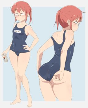 1girl absurdres adjusting_clothes adjusting_swimsuit ass blue_one-piece_swimsuit blush breasts cleavage closed_mouth collarbone commentary_request glasses hand_on_own_hip highres kobayashi-san_chi_no_maidragon kobayashi_(maidragon) kobou31 looking_back medium_hair multiple_views one-piece_swimsuit open_mouth orange_eyes ponytail red_hair simple_background small_breasts swimsuit