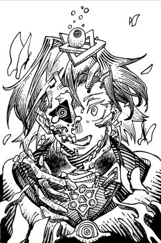 Rule 34 | 1girl, absurdres, ange katrina, ange katrina (1st costume), bug, butterfly, commentary request, disembodied eye, greyscale, hatching (texture), hexagram, highres, insect, linear hatching, looking at viewer, medium hair, mismatched eyes, monochrome, nijisanji, open mouth, shou-star, smile, solo, straight-on, traditional media, upper body, virtual youtuber