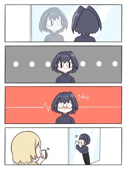 &lt;|&gt;_&lt;|&gt; 2girls ^^^ black_hair black_pants black_sweater blonde_hair blush cellphone commentary fong_(fongthe0125) highres holding holding_phone hololive hololive_english multiple_girls nose_blush ouro_kronii pants phone reflection short_hair sweater turtleneck turtleneck_sweater typo virtual_youtuber watson_amelia wide-eyed