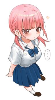 ... 1girl absurdres blue_bow blue_bowtie blue_skirt blush bow bowtie breasts brown_shoes chushui_(izumi617) closed_mouth collared_shirt commentary_request from_above full_body heart highres loafers looking_at_viewer medium_breasts original pink_eyes pink_hair pleated_skirt shirt shirt_tucked_in shoes simple_background skirt socks solo spoken_ellipsis standing white_background white_shirt white_socks