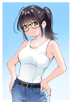 Rule 34 | 1girl, bare shoulders, belt, black-framed eyewear, black belt, black hair, blue background, blue pants, border, denim, glasses, gradient background, hands on own hips, jeans, original, outside border, pants, ponytail, shirt, sleeveless, sleeveless shirt, smile, solo, white border, white shirt, yamanaka kouji (yanchiki2001)