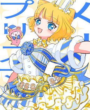 1girl :d absurdres blonde_hair blue_eyes blunt_bangs bow bowtie cone_hair_bun cowboy_shot double_bun dress fur-trimmed_sleeves fur_trim hair_bun hat highres idol idol_clothes kuma_(pripara) looking_at_viewer madori_(1ldkplanet) minami_mirei mini_hat multicolored_dress open_mouth pretty_series pripara short_hair smile