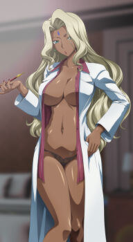 1girl black_panties blonde_hair blurry blurry_background breasts code_geass collarbone commentary_request dark-skinned_female dark_skin fingernails green_eyes highres holding holding_smoking_pipe indian kaname_aomame kiseru lab_coat large_breasts lips long_hair long_sleeves looking_at_viewer nail_polish navel open_clothes open_shirt panties rakshata_chawla red_nails red_shirt shirt smoking_pipe solo standing underwear
