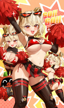 1girl :d ^_^ absurdres arm_up armpits ass bangboo_(zenless_zone_zero) bare_shoulders belt belt_buckle bikini black-framed_eyewear black_skirt black_thighhighs blonde_hair blush breasts buckle burnice_white capitan_wei cheerleader cleavage closed_eyes commentary_request contrapposto covered_erect_nipples creature detached_sleeves english_text eyewear_on_head glint highres holding large_breasts long_sleeves miniskirt multiple_views navel open_mouth partially_visible_vulva pleated_skirt pom_pom_(cheerleading) red-tinted_eyewear red_bikini red_ribbon red_skirt ribbon short_hair side-tie_bikini_bottom sideboob skirt smile sparkle spiked_belt sunglasses sweat swimsuit thighhighs tinted_eyewear two-tone_skirt two_side_up underboob upskirt zenless_zone_zero