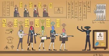 1boy 6+girls 6+others ahoge aiming android_(blue_archive) animal_ears aqua_necktie arms_up artist_name aru_(blue_archive) assault_rifle bag_over_head balaclava beretta_1301 beretta_ar70/90 black_sailor_collar blue_archive blue_scarf bullpup commentary credit_card egyptian_art fabarm_fp6 faust_(blue_archive) from_side gatling_gun gem gun h&amp;k_mg5 h&amp;k_p30 h&amp;k_psg1 halo handgun haruka_(blue_archive) hifumi_(blue_archive) highres holding holding_gun holding_weapon hoshino_(blue_archive) id_card kayoko_(blue_archive) l85 m134_minigun machine_gun mr_nahm multiple_boys multiple_girls multiple_others mutsuki_(blue_archive) necktie nonomi_(blue_archive) parody plaid_clothes plaid_skirt problem_solver_68_(blue_archive) pump_action real_life retro_artstyle rifle robbery sailor_collar scarf school_uniform serafuku serika_(blue_archive) shiroko_(blue_archive) shotgun sig_sauer_556 signature sitting skirt sniper_rifle socks standing style_parody suitcase twintails weapon white_socks