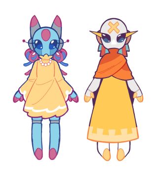 2girls androgynous barefoot blue_eyes blue_hair blue_skin cable cable_hair cape circle_facial_mark colored_skin commentary dress english_commentary facial_mark forehead_mark highres humanoid_robot iterator_(rain_world) jewelry joints long_eyelashes looks_to_the_moon multiple_girls necklace no_mouth no_nose orange_cape orange_poncho pearl_necklace pink_hair pink_skin rain_world robe robot robot_ears robot_girl robot_joints skittyplush sliver_of_straw white_background white_skin x_(symbol) x_facial_mark yellow_dress yellow_robe yellow_skin