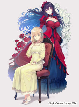 2girls black_choker black_hair blonde_hair blue_bow blue_hair bow breasts chair choker cleavage closed_mouth collarbone commentary_request constance_grail copyright_notice dress eris_no_seihai flower full_body green_dress green_eyes hair_bow hair_flower hair_ornament high_heels highres jewelry large_breasts long_dress long_hair long_sleeves looking_at_viewer multiple_girls necklace official_art on_chair purple_eyes red_dress red_flower red_rose rose scarlet_castiel second-party_source shoes sitting smile very_long_hair white_flower white_rose white_shoes yuunagi_(seventh_heaven)