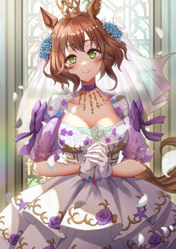 1girl animal_ears aston_machan_(haute_couture_memory)_(umamusume) aston_machan_(umamusume) blush breasts bridal_veil bride brown_hair choker church closed_mouth commentary_request crown dress flower gloves green_eyes hair_between_eyes hair_flower hair_ornament highres horse_ears horse_girl horse_tail large_breasts looking_at_viewer mini_crown official_alternate_costume purple_choker purple_flower short_hair short_sleeves smile solo tail umamusume veil wedding_dress white_dress yu_ni_t