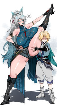 1boy 1girl absurdres age_difference animal_ears armlet aventurine_(honkai:_star_rail) bare_shoulders blonde_hair blue_eyes blush boots breasts closed_eyes fingerless_gloves gloves hetero high_heel_boots high_heels highres honkai:_star_rail honkai_(series) huge_breasts jewelry kuook long_hair onee-shota ponytail shorts sleeveless smile split standing standing_on_one_leg standing_split tall_female thick_thighs thighs very_long_hair yanqing_(honkai:_star_rail)