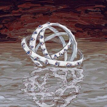 biblically_accurate_angel commentary english_commentary highres horizon no_humans original painterly partially_submerged red_sky reflection revol4357 ripples sky too_many_eyes