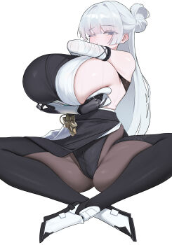 1girl absurdres arm_under_breasts armored_boots bare_shoulders black_boots black_dress black_leotard black_pantyhose blush boots breasts brown_pantyhose closed_mouth clothes_lift colored_eyelashes commentary detached_sleeves dress floral_print goddess_of_victory:_nikke grey_eyes grey_hair hair_between_eyes hair_bun hands_up highres holding holding_towel huge_breasts indian_style knees_out_of_frame leotard leotard_under_clothes long_hair long_sleeves looking_ahead mechanical_arms mechanical_hands multicolored_boots nayuta_(nikke) neckerchief one_eye_closed paid_reward_available pantyhose pelvic_curtain pelvic_curtain_lift print_dress print_pantyhose sideboob sideless_dress simsim_han-u single_detached_sleeve single_hair_bun single_mechanical_arm single_mechanical_hand sitting sleeveless sleeveless_dress solo sweat thick_eyelashes thighs towel two-tone_boots two-tone_dress two-tone_pantyhose unusually_open_eyes very_long_hair white_background white_boots white_dress wiping_breasts wiping_sweat