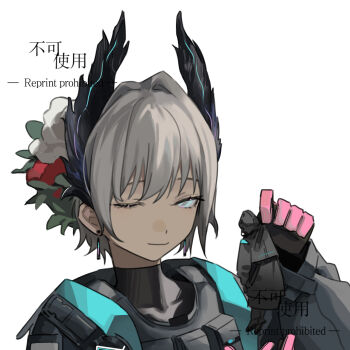 1girl 1other arknights bird_girl black_gloves blue_eyes commentary_request dark-skinned_female dark_skin doctor_(arknights) flower gloves grey_hair hair_flower hair_ornament head_wings highres holding holding_mini_person longshengyan mini_person one_eye_closed pink_gloves raidian_(arknights) red_flower short_hair simple_background unusually_open_eyes white_background white_flower wings