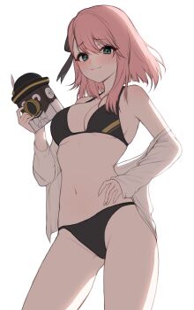 1girl :3 absurdres alternate_costume backlighting bare_shoulders bikini black_bikini blue_eyes breasts camera charlotte_(genshin_impact) cleavage closed_mouth commission contrapposto cowboy_shot gadeung_hye genshin_impact halterneck highres holding holding_camera looking_at_viewer medium_breasts medium_hair navel off_shoulder open_clothes open_shirt pink_hair shirt simple_background smile solo standing stomach string_bikini swimsuit thighs white_background white_shirt