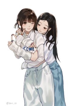 2girls arm_warmers black_eyes blue_pants bo1_27 brown_eyes brown_nails buttons cowboy_shot crop_top hashtag-only_commentary highres hug hug_from_behind illit index_finger_raised jewelry k-pop layered_shirt long_hair looking_at_another looking_at_viewer moka_(illit) multiple_girls multiple_rings one_eye_closed pants pocket ponytail real_life ring shirt short_hair short_ponytail sidelocks simple_background white_arm_warmers white_background white_shirt wispy_bangs wonhee_(illit) yuri