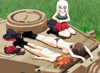 3girls absurdres boots butt_crack commentary_request girls_und_panzer grass grey_hair gundam gundam_gquuuuuux highres itsumi_erika jacket kamishima_kanon kuromorimine_military_uniform lying military military_uniform military_vehicle motor_vehicle multiple_girls nishizumi_maho nishizumi_miho on_stomach outdoors panties parody pleated_skirt red_skirt scene_reference siblings sisters sitting skirt sweat tank tiger_i topless_female underwear underwear_only undressing unworn_jacket unworn_skirt wariza white_panties