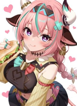 Rule 34 | 1girl, animal ears, belt, black skirt, braid, breasts, burger, commentary request, cow ears, cow horns, cow tail, detached sleeves, eating, fingernails, food, frozenpile, genshin impact, hairband, heart, holding, holding burger, holding food, horns, large breasts, licking lips, long hair, midriff, navel, pink belt, pink hair, purple eyes, skirt, tail, tongue, tongue out, varesa (genshin impact), white background