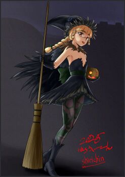 1girl alternate_costume black_boots black_dress black_pantyhose blonde_hair boots braid breasts broom dress elbow_gloves full_body glass gloves halloween halloween_costume hat highres holding jack-o&#039;-lantern long_hair long_sleeves pantyhose perrine_h._clostermann pumpkin shiri_chin single_braid small_breasts solo standing strike_witches tongue tongue_out witch witch_hat world_witches_series yellow_eyes