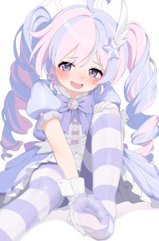 1girl antenna_hair blue_archive didac_fantasy halo looking_at_viewer multicolored_hair pantyhose purple_eyes reisa_(blue_archive) reisa_(magical)_(blue_archive) sitting solo twintails two-tone_hair