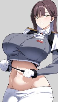 1girl absurdres breasts brown_eyes brown_hair commentary commentary_request cropped_jacket english_commentary gloves goddess_of_victory:_nikke grey_background grey_jacket half_updo highres holding_baton huge_breasts jacket kuraido_(kuraid_draw) long_hair long_sleeves looking_at_viewer marciana_(nikke) midriff mixed-language_commentary navel navel_piercing pants piercing simple_background solo upper_body white_gloves white_pants