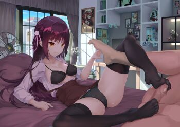 1boy 1girl absurdres akizuki_kanna artist_self-reference black_bra black_hair black_panties black_thighhighs book bra braid breasts brown_skirt cafe_stella_to_shinigami_no_chou cameo censored cleavage closed_mouth collarbone collared_shirt erection feet figure floral_print flower footjob footjob_with_legwear full_body ganyu_(genshin_impact) genshin_impact hair_between_eyes hair_flower hair_ornament hair_ribbon hair_spread_out haku89 hetero high-waist_skirt highres indoors keqing_(genshin_impact) klee_(genshin_impact) large_breasts legs long_hair long_sleeves looking_at_another lying mole mole_under_eye mosaic_censoring murasame_(senren) no_shoes off_shoulder on_back on_bed open_clothes open_shirt panties penis photo_(object) picture_frame pink_ribbon polaroid_photo raiden_shogun ribbon rose rose_print senren_banka shiki_natsume shirt side_braid sidelocks skirt smile solo_focus spread_legs suspender_skirt suspenders thighhighs thighs tickling tickling_feet toes two-footed_footjob underwear very_long_hair white_flower white_rose white_shirt x_mouth yae_miko yellow_eyes yuzusoft