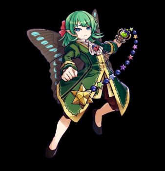 1boy :< ascot black_background black_shoes bow closed_mouth elf full_body green_eyes green_hair green_jacket hair_bow half_updo highres holding holding_rod insect_wings jacket long_sleeves merc_storia merc_storia_art_team official_art outstretched_arm pointy_ears red_bow red_shorts rod shirt shoes shorts simple_background solo standing tachi-e tsurime v-shaped_eyebrows white_ascot white_shirt wings yuan_(merc_storia)
