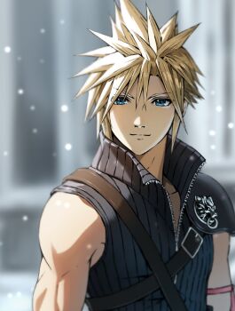 1boy arm_ribbon armor black_vest blonde_hair blue_eyes blurry blurry_background church closed_mouth cloud_strife fenrir_(final_fantasy) final_fantasy final_fantasy_vii final_fantasy_vii_advent_children hair_between_eyes highres light_smile male_focus pauldrons pink_ribbon ribbon short_hair shoulder_armor single_bare_shoulder single_pauldron solo spiked_hair sunlight upper_body vest zupakyo