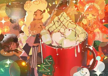 3girls candy candy_cane christmas_ornaments commentary cookie cup dress duel_monster english_commentary food gingerbread_man hat highres hot_chocolate marshmallow mug multiple_girls red_dress red_eyes ro_g_(oowack) sleeping sun_hat tagme wake_cup!_eri wake_cup!_macchia wake_cup!_mocha yu-gi-oh!