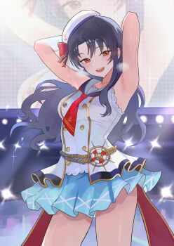 1girl absurdres anchor_print armpits arms_behind_head bare_shoulders beret black_hair blue_skirt blush breasts brown_eyes commentary_request cowboy_shot hair_over_shoulder hashtag-only_commentary hat highres idolmaster idolmaster_million_live! idolmaster_million_live!_theater_days long_hair medium_breasts nbee_ya necktie open_mouth parted_bangs pleated_skirt red_necktie sailor_collar shirt skirt sleeveless sleeveless_shirt solo stage takayama_sayoko teeth thighs upper_teeth_only white_hat white_sailor_collar white_shirt zenryoku_cheerleader_(idolmaster)