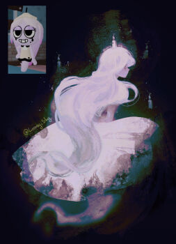 1girl bags_under_eyes black_background black_eyes candle candle_on_head commentary connie_(dandy&#039;s_world) connie_(ghastly_glow)_(dandy&#039;s_world) dandy&#039;s_world dress english_commentary from_behind full_body game_screenshot_inset ghost_tail highres humanization instagram_username limmysky long_hair looking_at_viewer looking_back medium_dress no_mouth official_alternate_color official_alternate_costume profile puffy_short_sleeves puffy_sleeves reference_inset roblox screenshot_inset short_sleeves simple_background solo very_long_hair wavy_hair white_dress white_hair