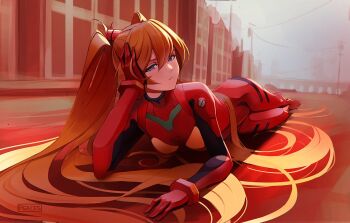 Rule 34 | 1girl, breasts, commentary, curvy, english commentary, full body, highres, interface headset (evangelion), long hair, looking at viewer, lying, mecha pilot suit, medium breasts, neon genesis evangelion, on side, peaceablecolt, plugsuit (evangelion), signature, skin tight, small breasts, solo, souryuu asuka langley, tsundere, very long hair, wide hips
