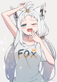 1girl ;o animal_ear_fluff animal_ear_piercing animal_ears aqua_eyes arm_up blush breasts collarbone commentary_request fox_ears grey_background hair_ornament hand_up highres hololive long_hair looking_at_viewer medium_breasts mia960 non-circular_lens_flare one_eye_closed open_mouth print_shirt shirakami_fubuki shirt short_sleeves signature simple_background solo tearing_up tears twintails virtual_youtuber white_hair white_shirt yawning