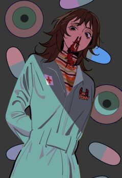1girl anya_(mouthwashing) black_eyes black_hair blood blood_on_clothes blood_on_face blue_jumpsuit commentary english_commentary jumpsuit long_sleeves looking_down medium_hair mouthwashing nosebleed pankepen shirt solo striped_clothes upper_body