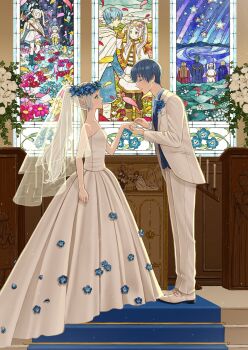 1girl 3boys absurdres anko_kinako armor back bare_shoulders blonde_hair blue_eyes blue_flower blue_hair blue_necktie blue_robe blue_vest breasts bridal_veil candle candlestand cape capelet church collared_shirt commentary_request dress dress_flower dress_shirt dress_shoes earrings eisen_(sousou_no_frieren) elf face-to-face falling_petals field flower flower_field flower_ring formal_clothes frieren full_body glass green_eyes green_hair grey_hair hair_flower hair_ornament heiter helmet high_ponytail highres himmel_(sousou_no_frieren) holding holding_hands holding_wand indoors jacket jewelry kneeling leaf long_hair looking_up multiple_boys mural necktie pants petals plant pointy_ears ponytail red_cape red_flower ring robe see-through_clothes see-through_veil shirt shoes shooting_star short_hair shoulder_armor side-by-side small_breasts smile sousou_no_frieren squatting stained_glass stairs standing suit suit_jacket suit_pants teardrop_earrings twintails veil vest wand wedding wedding_dress wedding_ring white_cape white_capelet white_dress white_flower white_jacket white_pants white_shirt white_shoes white_suit
