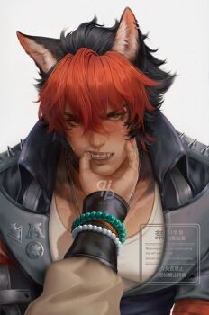 2boys animal_ears black_hair blush covered_pectorals dog_boy dog_ears finger_to_another&#039;s_mouth hand_on_another&#039;s_chin jewelry komano_manato looking_at_viewer male_focus multicolored_hair multiple_boys necklace pectoral_cleavage pectorals pov pov_hands qubi red_eyes red_hair saliva scar scar_on_face shirt short_hair simple_background sweat upper_body watermark white_background white_shirt wise_(soaring_crane)_(zenless_zone_zero) wise_(zenless_zone_zero) yaoi zenless_zone_zero