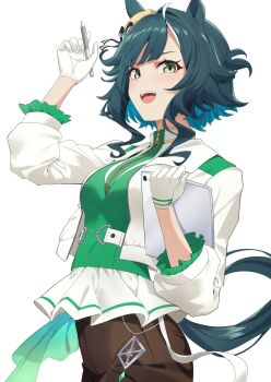 Rule 34 | 1girl, animal ears, aqua eyes, aqua tail, arm up, black shorts, commentary request, drawing tablet, ears through headwear, gloves, green vest, hat, highres, holding, holding stylus, holding tablet pc, horse ears, horse girl, horse tail, jacket, kagari liroi, kiseki (miracle author) (umamusume), kiseki (umamusume), looking at viewer, multicolored hair, open clothes, open jacket, open mouth, short hair, shorts, sidelocks, simple background, smile, solo, streaked hair, stylus, tablet pc, tail, umamusume, vest, white background, white gloves, white jacket, white streaks, yellow hat
